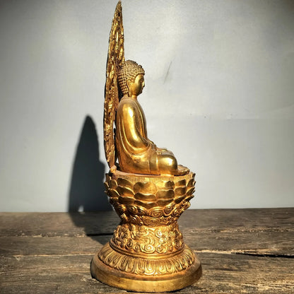 15"Tibetan Temple Collection Old Bronze Gilt Backlight Shakyamuni Buddha Buddha Terrace Worship Hall Town house Exorcism