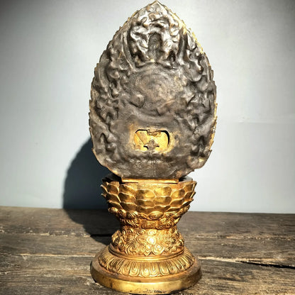 15"Tibetan Temple Collection Old Bronze Gilt Backlight Shakyamuni Buddha Buddha Terrace Worship Hall Town house Exorcism