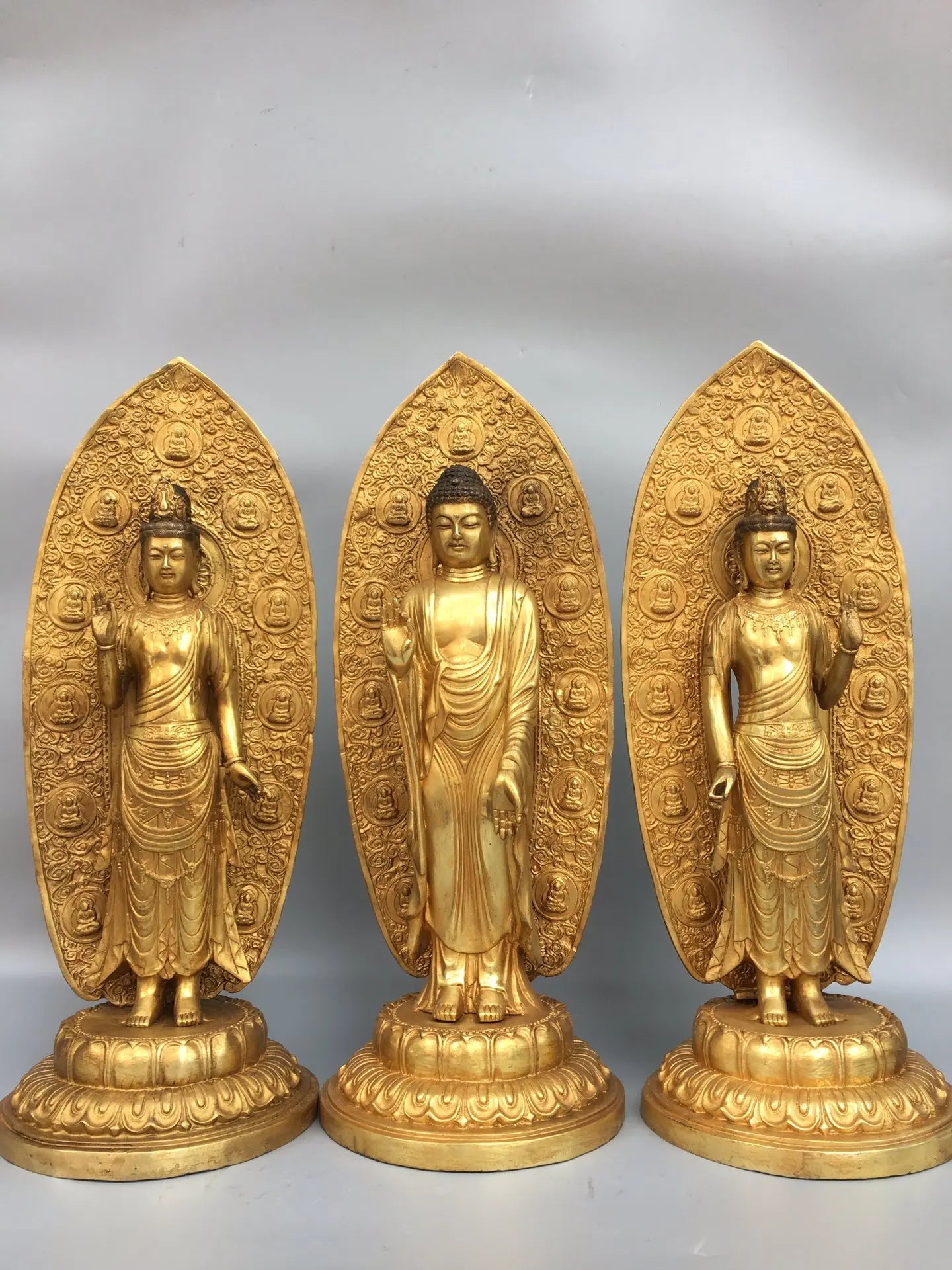 15"Tibetan Temple Collection Old Bronze Gilt The Three Saints  West set Shakyamuni Amitabha lotus platform Worship Hall