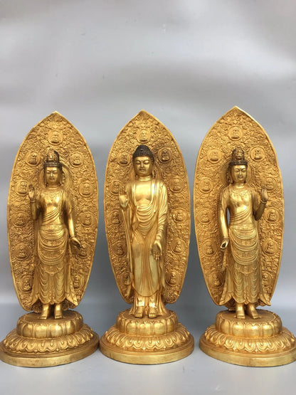 15"Tibetan Temple Collection Old Bronze Gilt The Three Saints  West set Shakyamuni Amitabha lotus platform Worship Hall
