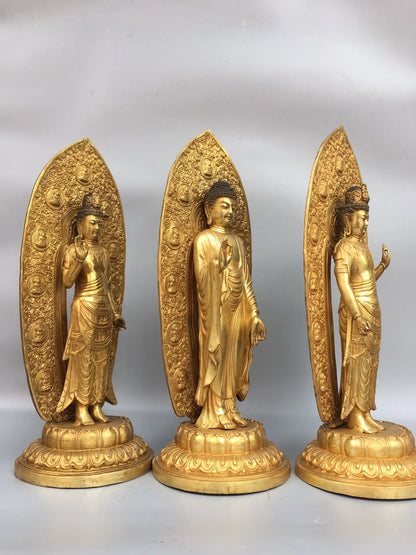 15"Tibetan Temple Collection Old Bronze Gilt The Three Saints  West set Shakyamuni Amitabha lotus platform Worship Hall