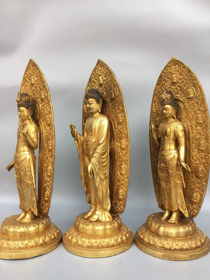 15"Tibetan Temple Collection Old Bronze Gilt The Three Saints  West set Shakyamuni Amitabha lotus platform Worship Hall