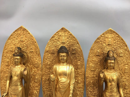 15"Tibetan Temple Collection Old Bronze Gilt The Three Saints  West set Shakyamuni Amitabha lotus platform Worship Hall