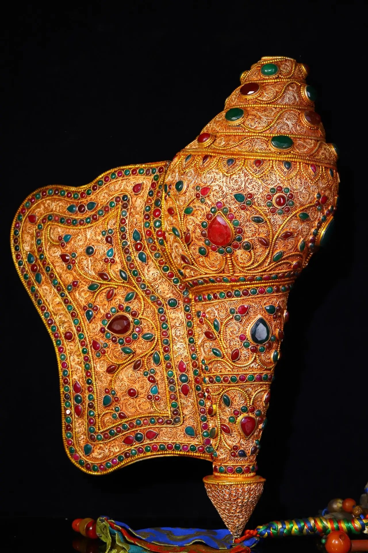 15"Tibetan Temple Collection Old Natural Conch Mosaic Gem Tibetan silver Filigree Buddha Conch Amulet Town house Exorcism