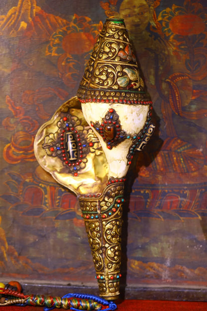 15"Tibetan Temple Collection Old Natural Conch mosaic Gem Shell gZi Beads Buddha Conch Pendant Worship Hall Town house