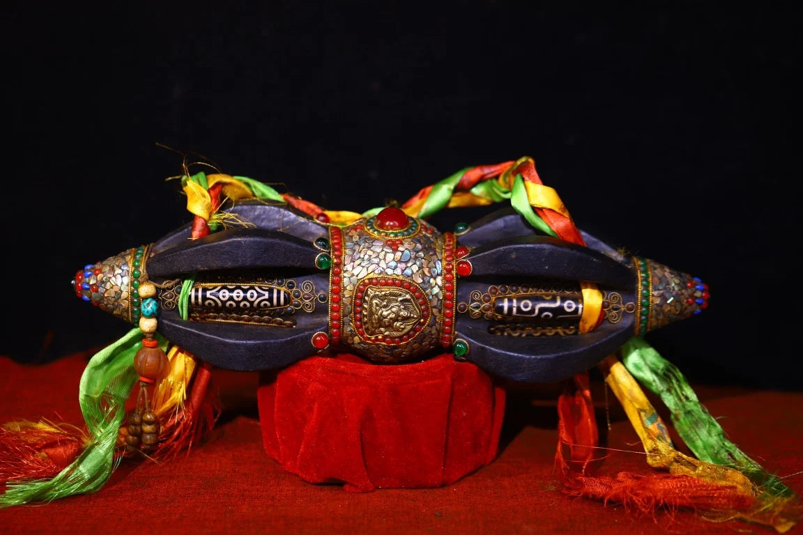 15"Tibetan Temple Collection Old Natural Meteorite Cinnabar Mosaic Gem gZi Beads Shell Vajra Phurpa Worship Hall Town house