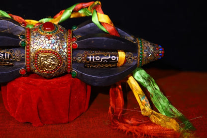 15"Tibetan Temple Collection Old Natural Meteorite Cinnabar Mosaic Gem gZi Beads Shell Vajra Phurpa Worship Hall Town house