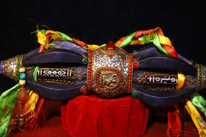 15"Tibetan Temple Collection Old Natural Meteorite Cinnabar Mosaic Gem gZi Beads Shell Vajra Phurpa Worship Hall Town house