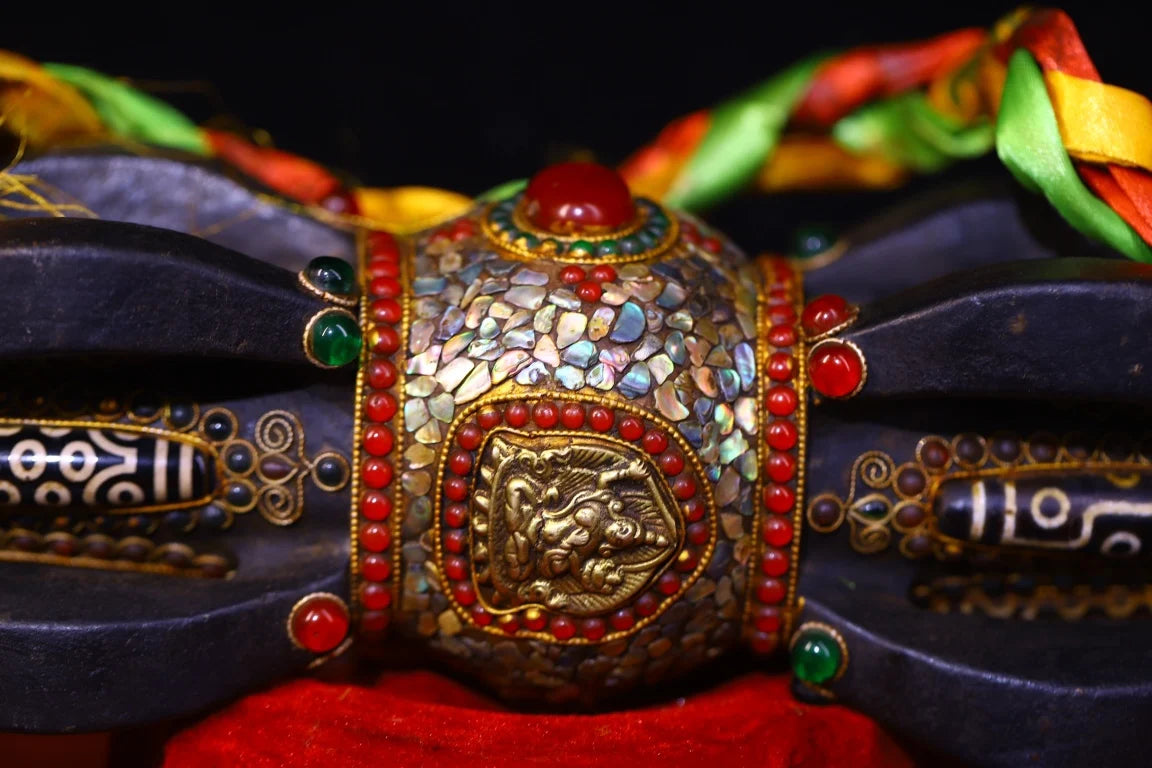 15"Tibetan Temple Collection Old Natural Meteorite Cinnabar Mosaic Gem gZi Beads Shell Vajra Phurpa Worship Hall Town house