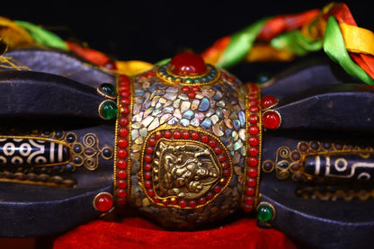 15"Tibetan Temple Collection Old Natural Meteorite Cinnabar Mosaic Gem gZi Beads Shell Vajra Phurpa Worship Hall Town house