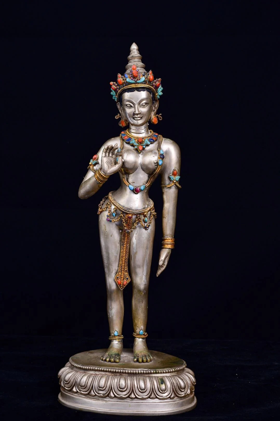 15"Tibetan Temple Collection Old Tibetan silver Gilt Gem White Tara Bodhisattva lotus platform Standing Buddha Town House