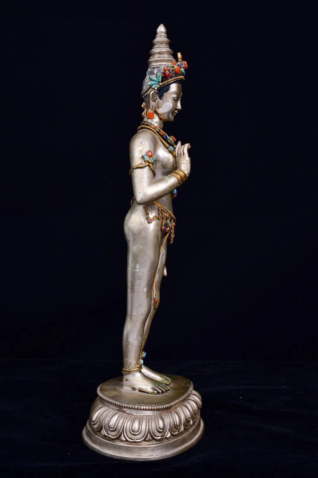 15"Tibetan Temple Collection Old Tibetan silver Gilt Gem White Tara Bodhisattva lotus platform Standing Buddha Town House