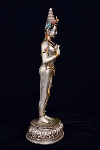15"Tibetan Temple Collection Old Tibetan silver Gilt Gem White Tara Bodhisattva lotus platform Standing Buddha Town House
