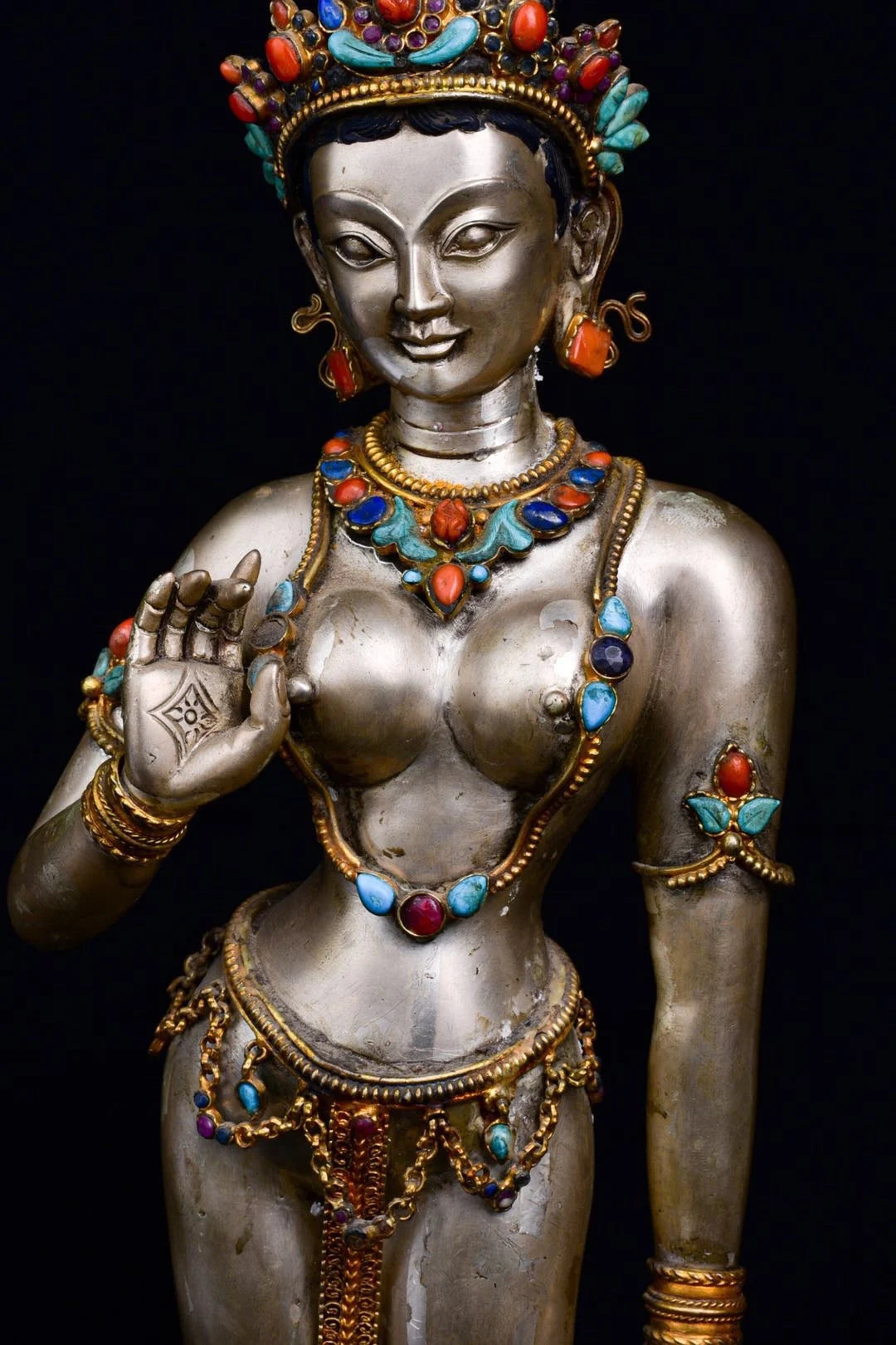 15"Tibetan Temple Collection Old Tibetan silver Gilt Gem White Tara Bodhisattva lotus platform Standing Buddha Town House