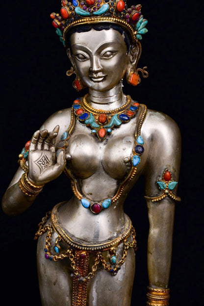 15"Tibetan Temple Collection Old Tibetan silver Gilt Gem White Tara Bodhisattva lotus platform Standing Buddha Town House
