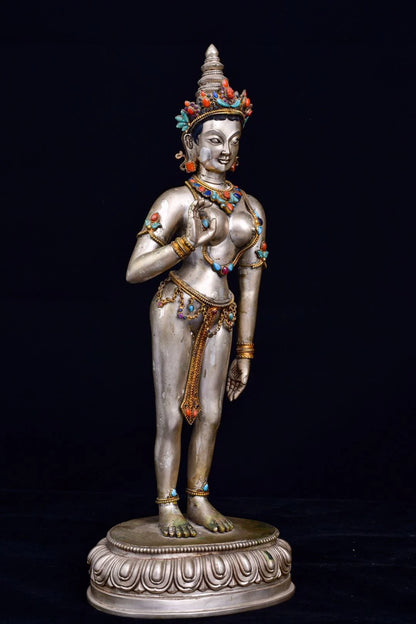15"Tibetan Temple Collection Old Tibetan silver Gilt Gem White Tara Bodhisattva lotus platform Standing Buddha Town House