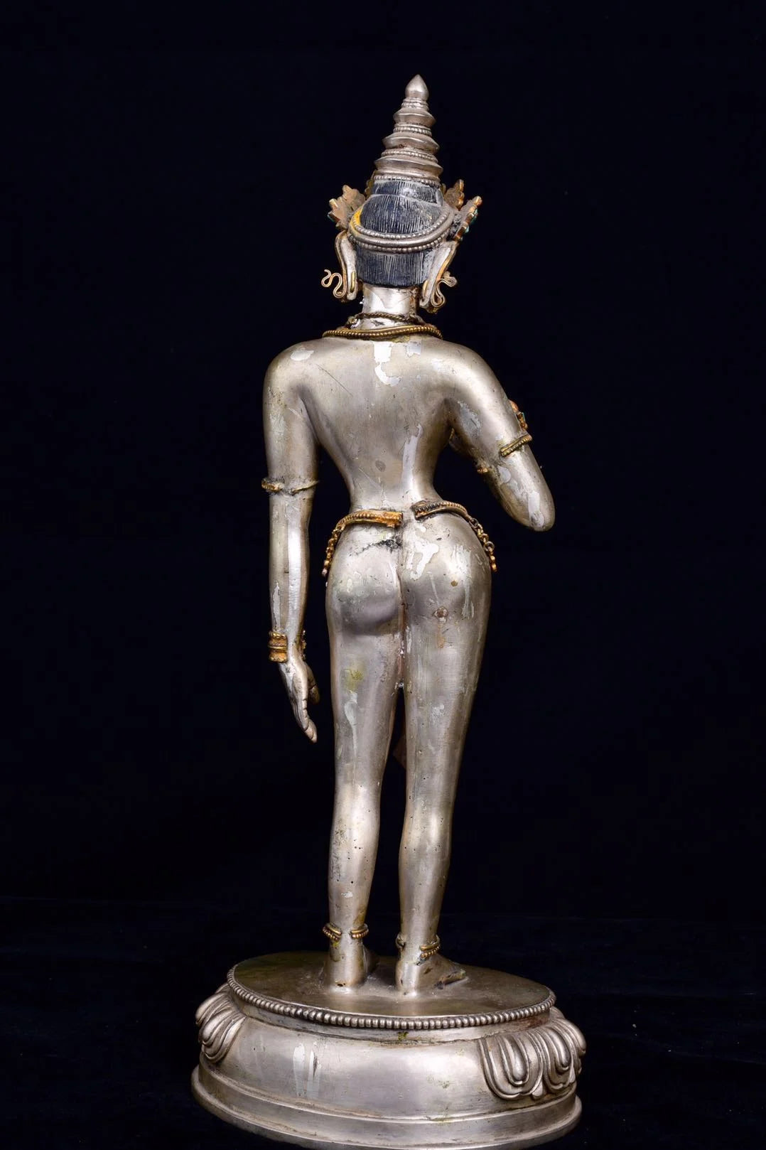 15"Tibetan Temple Collection Old Tibetan silver Gilt Gem White Tara Bodhisattva lotus platform Standing Buddha Town House