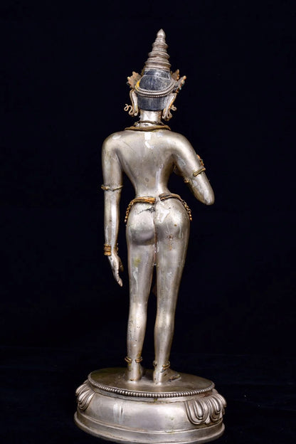 15"Tibetan Temple Collection Old Tibetan silver Gilt Gem White Tara Bodhisattva lotus platform Standing Buddha Town House