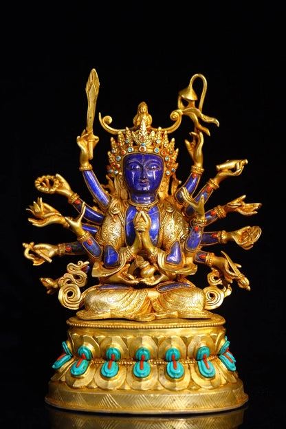 15"Tibetan Temple Collection Old lapis lazuli Tibetan Silver Gilded Mosaic Gem Turquoise Cundhi Bodhisattva Sitting Buddha