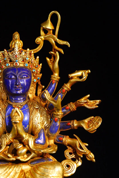 15"Tibetan Temple Collection Old lapis lazuli Tibetan Silver Gilded Mosaic Gem Turquoise Cundhi Bodhisattva Sitting Buddha
