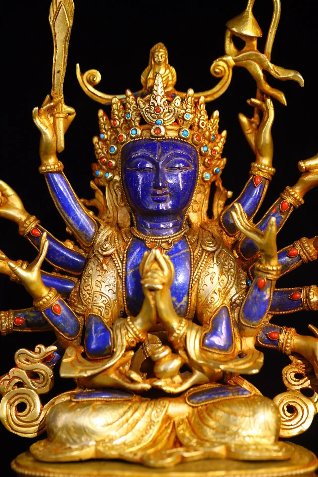 15"Tibetan Temple Collection Old lapis lazuli Tibetan Silver Gilded Mosaic Gem Turquoise Cundhi Bodhisattva Sitting Buddha