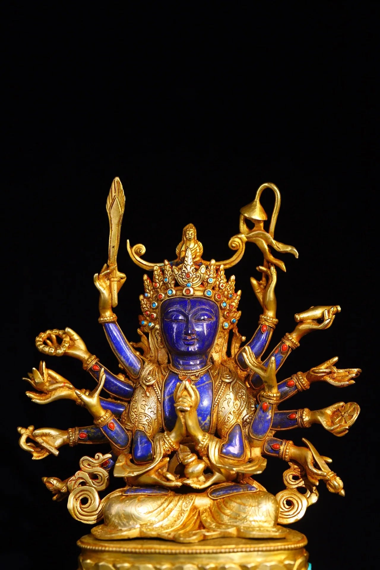 15"Tibetan Temple Collection Old lapis lazuli Tibetan Silver Gilded Mosaic Gem Turquoise Cundhi Bodhisattva Sitting Buddha