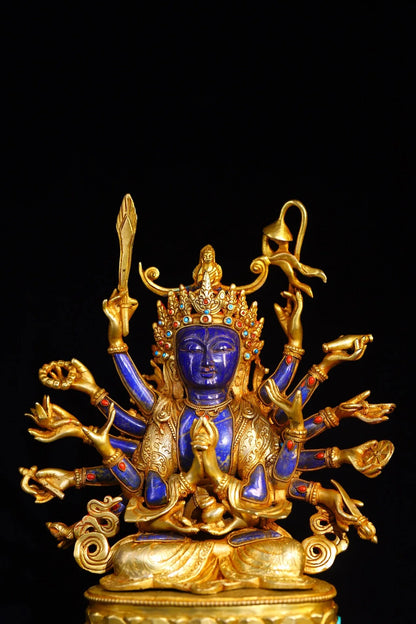 15"Tibetan Temple Collection Old lapis lazuli Tibetan Silver Gilded Mosaic Gem Turquoise Cundhi Bodhisattva Sitting Buddha