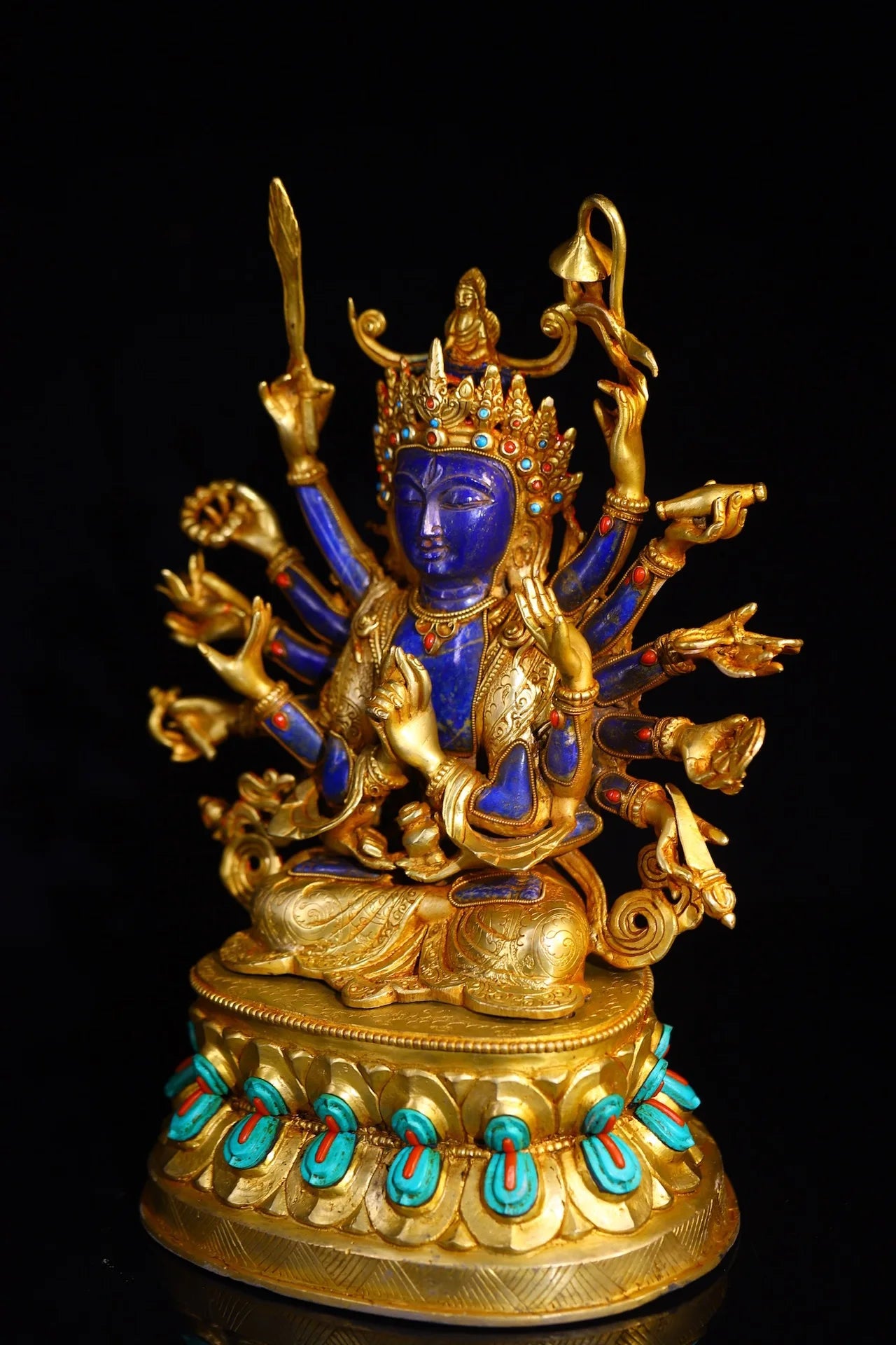 15"Tibetan Temple Collection Old lapis lazuli Tibetan Silver Gilded Mosaic Gem Turquoise Cundhi Bodhisattva Sitting Buddha