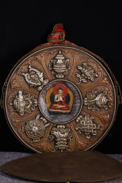 15"Tibetan Temple Collection Old purple Bronze Auspicious Eight Treasures Shakyamuni Gawu Box Wall hanging Town house Exorcism
