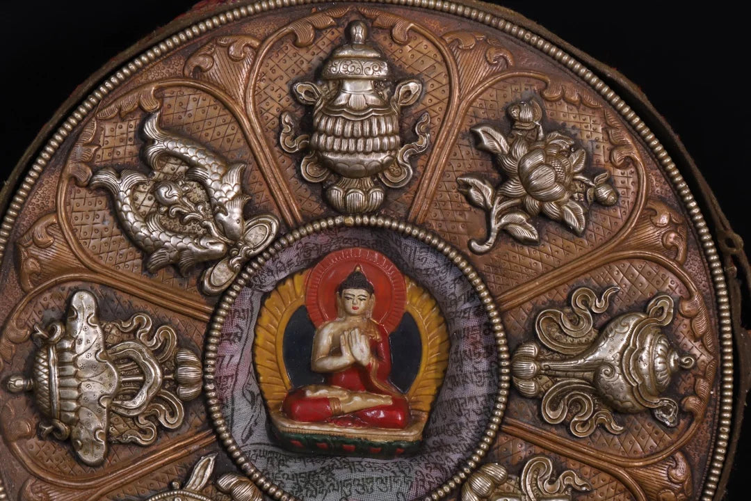 15"Tibetan Temple Collection Old purple Bronze Auspicious Eight Treasures Shakyamuni Gawu Box Wall hanging Town house Exorcism