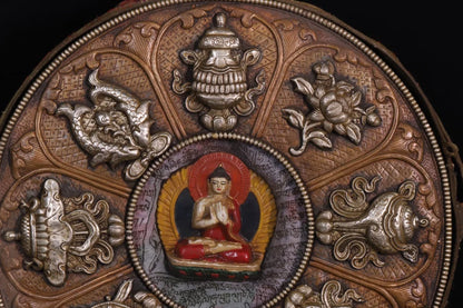 15"Tibetan Temple Collection Old purple Bronze Auspicious Eight Treasures Shakyamuni Gawu Box Wall hanging Town house Exorcism