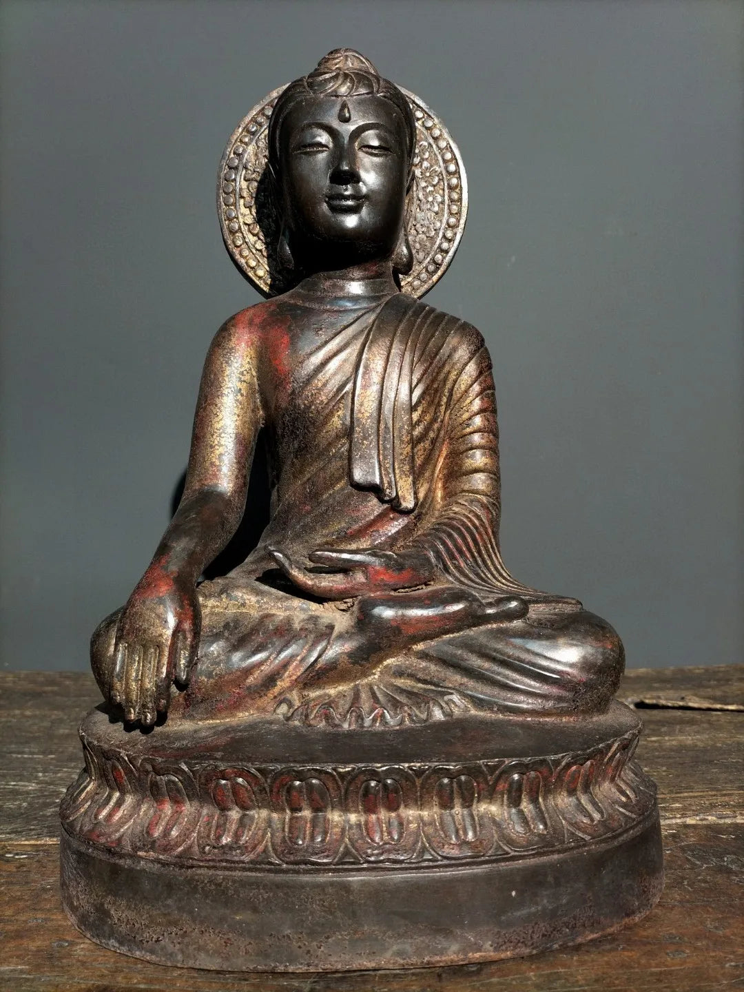 15"Tibetan Temple Old Bronze Cinnabar Lacquer Great Sun Buddha Sakyamuni Sitting Buddha Enshrine the Buddha Town House Exorcism