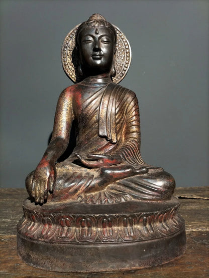 15"Tibetan Temple Old Bronze Cinnabar Lacquer Great Sun Buddha Sakyamuni Sitting Buddha Enshrine the Buddha Town House Exorcism