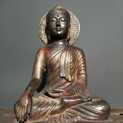 15"Tibetan Temple Old Bronze Cinnabar Lacquer Great Sun Buddha Sakyamuni Sitting Buddha Enshrine the Buddha Town House Exorcism