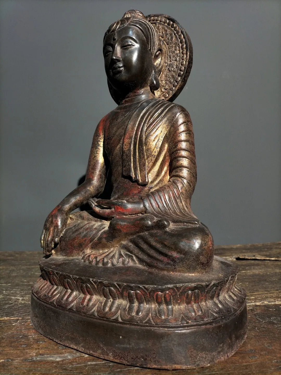 15"Tibetan Temple Old Bronze Cinnabar Lacquer Great Sun Buddha Sakyamuni Sitting Buddha Enshrine the Buddha Town House Exorcism