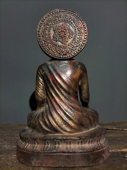 15"Tibetan Temple Old Bronze Cinnabar Lacquer Great Sun Buddha Sakyamuni Sitting Buddha Enshrine the Buddha Town House Exorcism