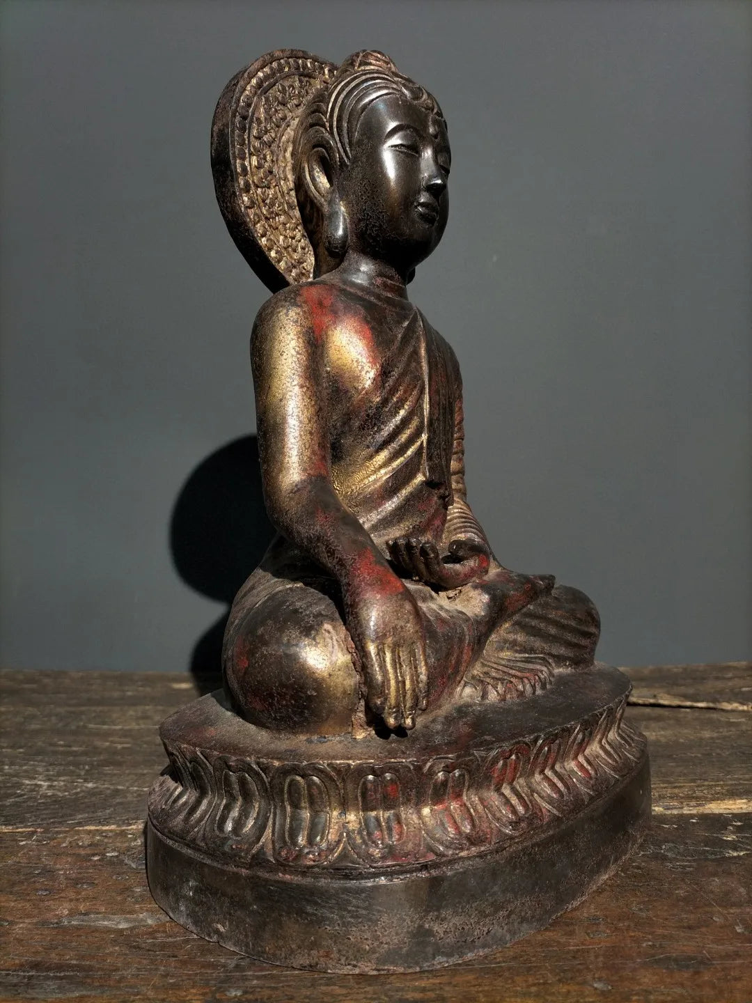 15"Tibetan Temple Old Bronze Cinnabar Lacquer Great Sun Buddha Sakyamuni Sitting Buddha Enshrine the Buddha Town House Exorcism
