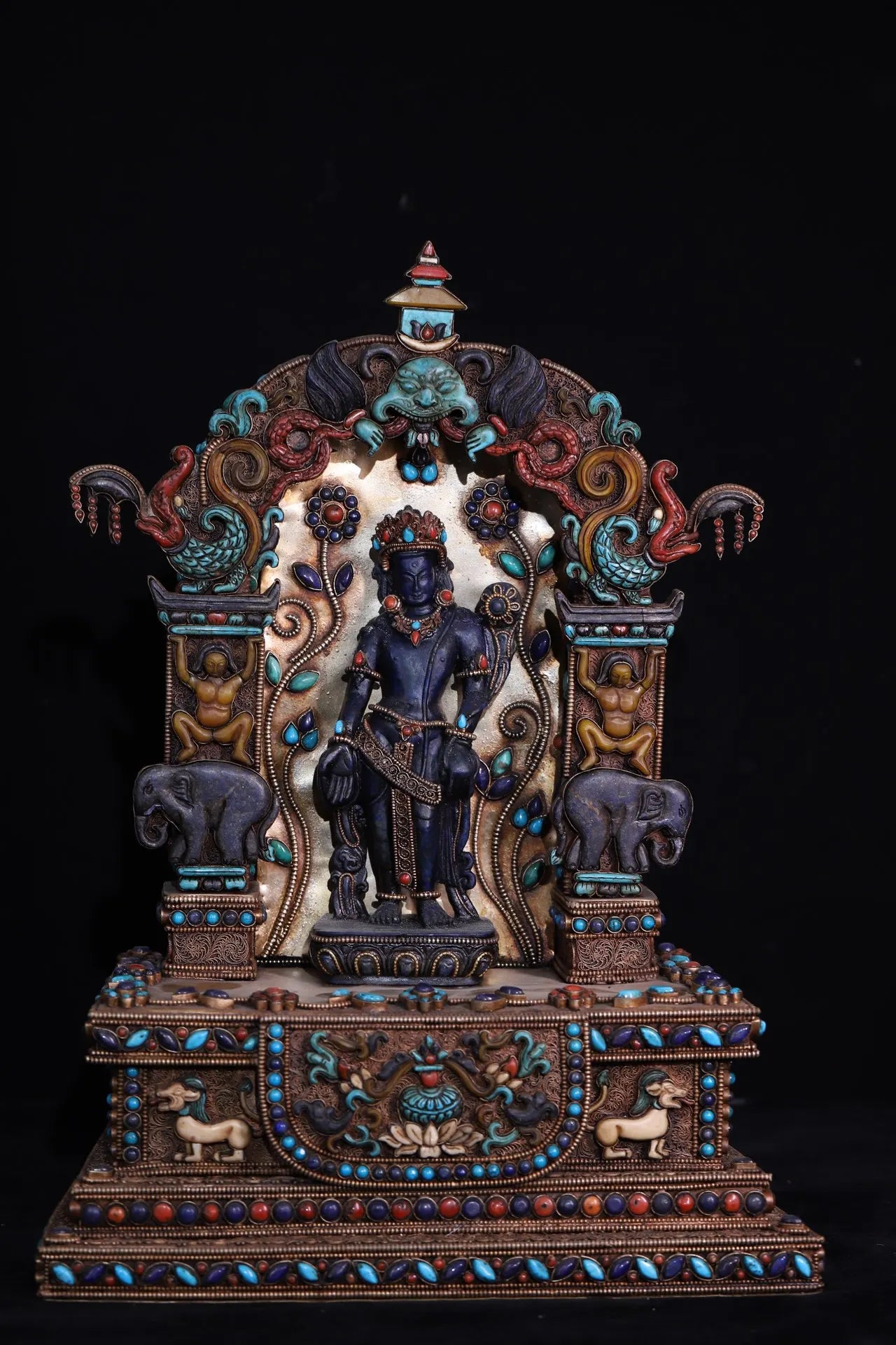 15"Tibetan Temple Old Natural lapis lazuli Tibetan silver Gilt Filigree Gem Green Tara Standing Buddha Buddhist Niche Town house