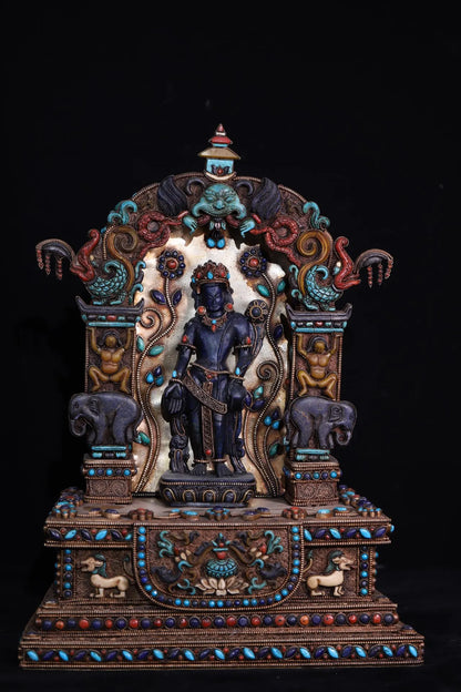 15"Tibetan Temple Old Natural lapis lazuli Tibetan silver Gilt Filigree Gem Green Tara Standing Buddha Buddhist Niche Town house