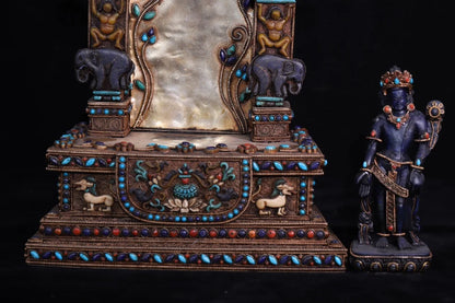 15"Tibetan Temple Old Natural lapis lazuli Tibetan silver Gilt Filigree Gem Green Tara Standing Buddha Buddhist Niche Town house