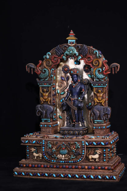 15"Tibetan Temple Old Natural lapis lazuli Tibetan silver Gilt Filigree Gem Green Tara Standing Buddha Buddhist Niche Town house