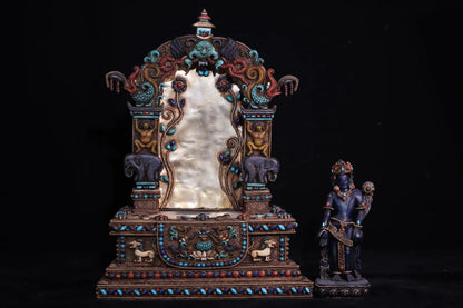 15"Tibetan Temple Old Natural lapis lazuli Tibetan silver Gilt Filigree Gem Green Tara Standing Buddha Buddhist Niche Town house