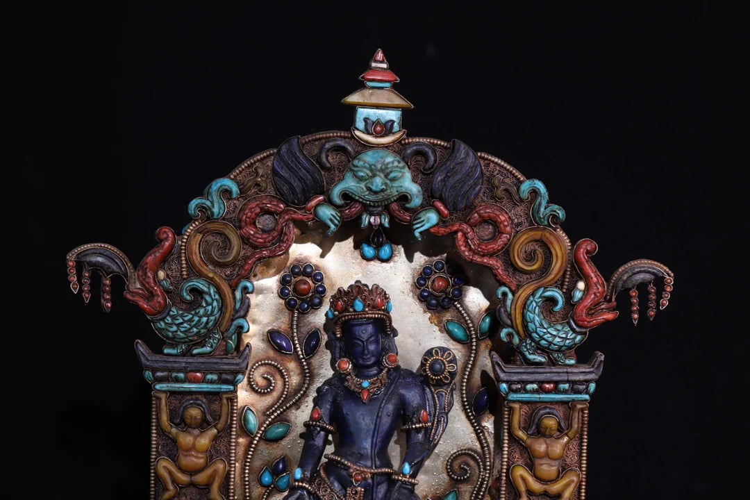 15"Tibetan Temple Old Natural lapis lazuli Tibetan silver Gilt Filigree Gem Green Tara Standing Buddha Buddhist Niche Town house