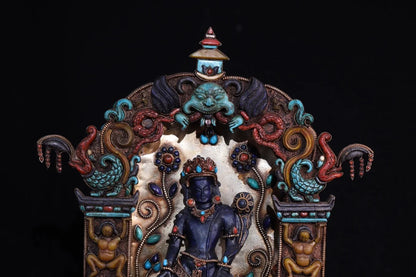 15"Tibetan Temple Old Natural lapis lazuli Tibetan silver Gilt Filigree Gem Green Tara Standing Buddha Buddhist Niche Town house