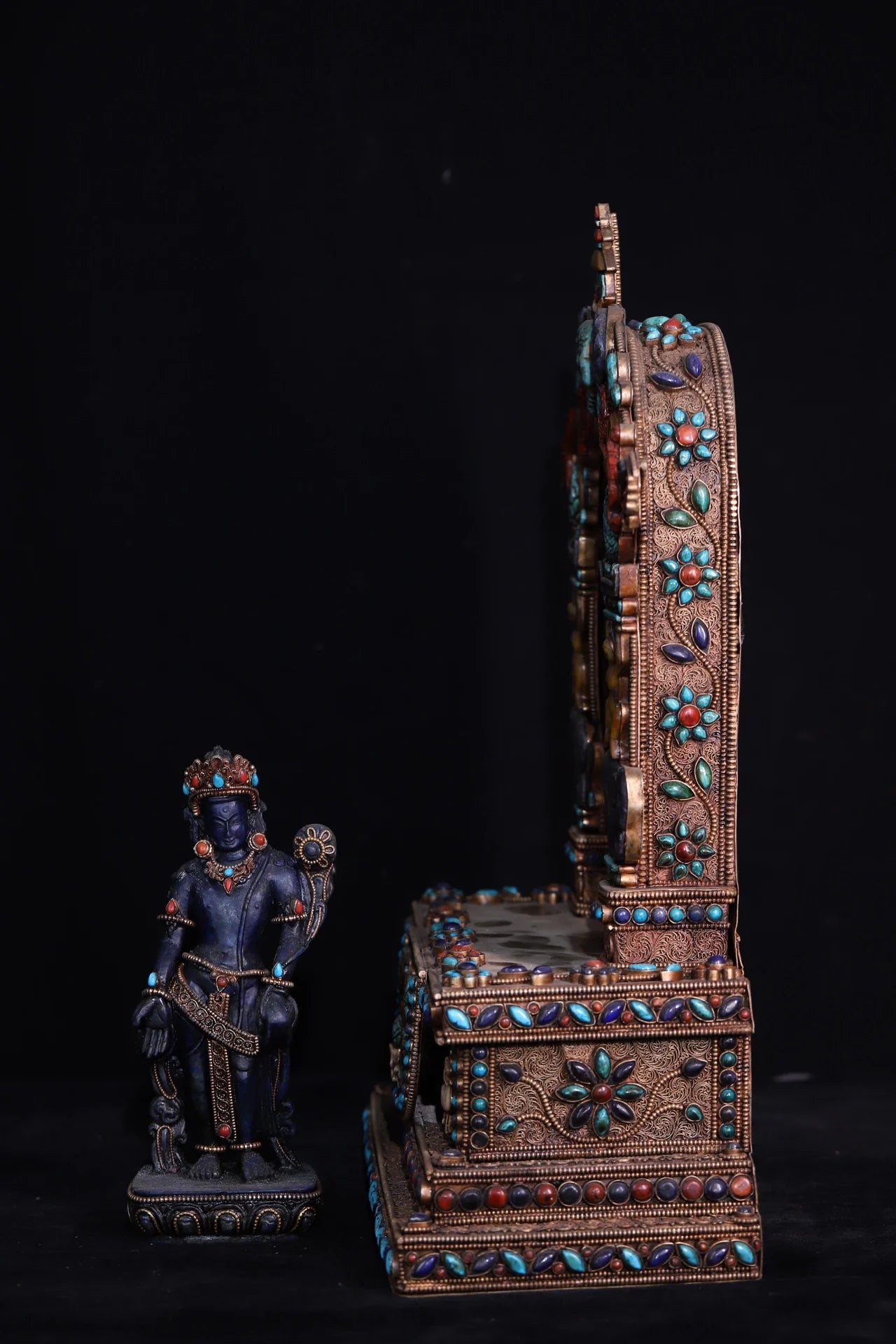 15"Tibetan Temple Old Natural lapis lazuli Tibetan silver Gilt Filigree Gem Green Tara Standing Buddha Buddhist Niche Town house
