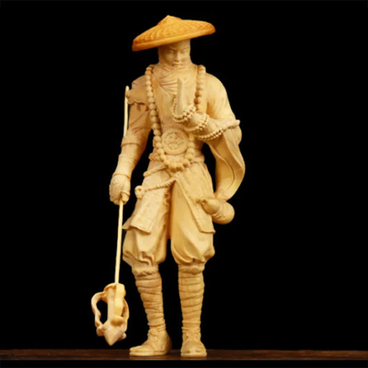 15 x 6 x 4 CM Hand Carved Boxwood Buddha Figurine : Kung-fu Monk Statue Home Decoration Miniature-LS022