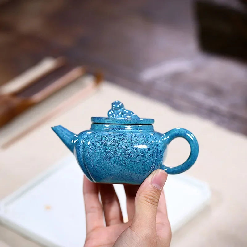 150ML Blue Yixing Lion Teapot Glaze Craft Purple Clay Teapot Zisha Kettle Handmade Tea Set Gift Box