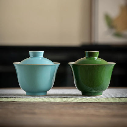 150ml Antique Emerald Green Ceramic Cover Bowl Handmade Rouge Powder Anti Scalding Tea Bowl Chinese Tea Soaking Gaiwan Teaware
