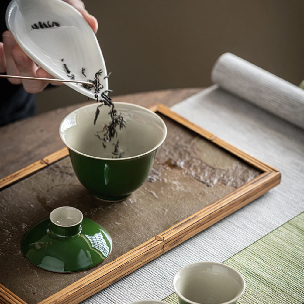 150ml Antique Emerald Green Ceramic Cover Bowl Handmade Rouge Powder Anti Scalding Tea Bowl Chinese Tea Soaking Gaiwan Teaware