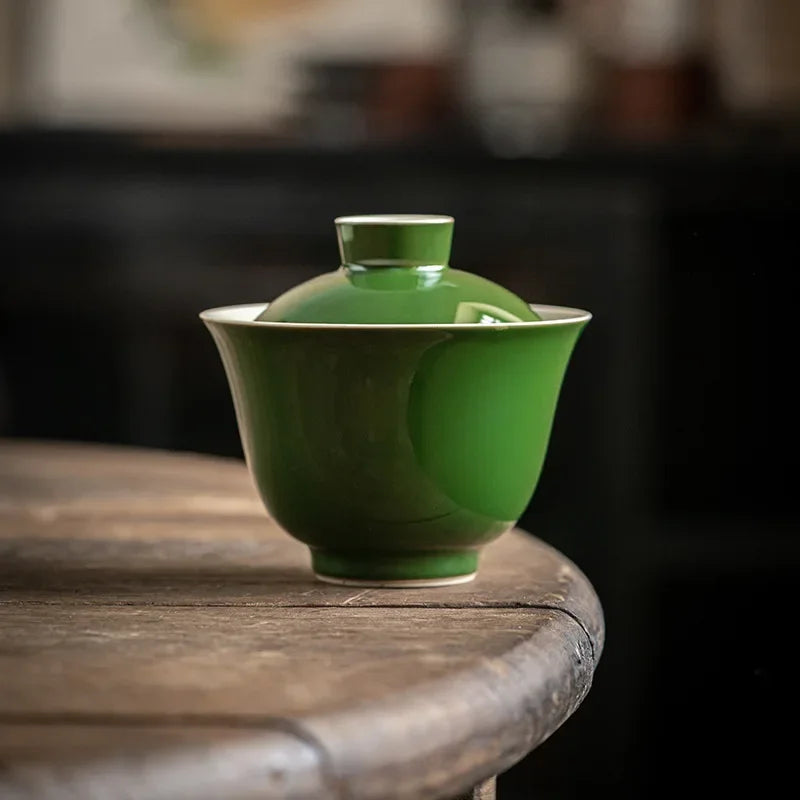 150ml Antique Emerald Green Ceramic Cover Bowl Handmade Rouge Powder Anti Scalding Tea Bowl Chinese Tea Soaking Gaiwan Teaware